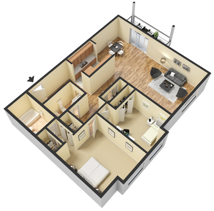 Floor plan for 2 beds, 2 baths, 1034 sqft